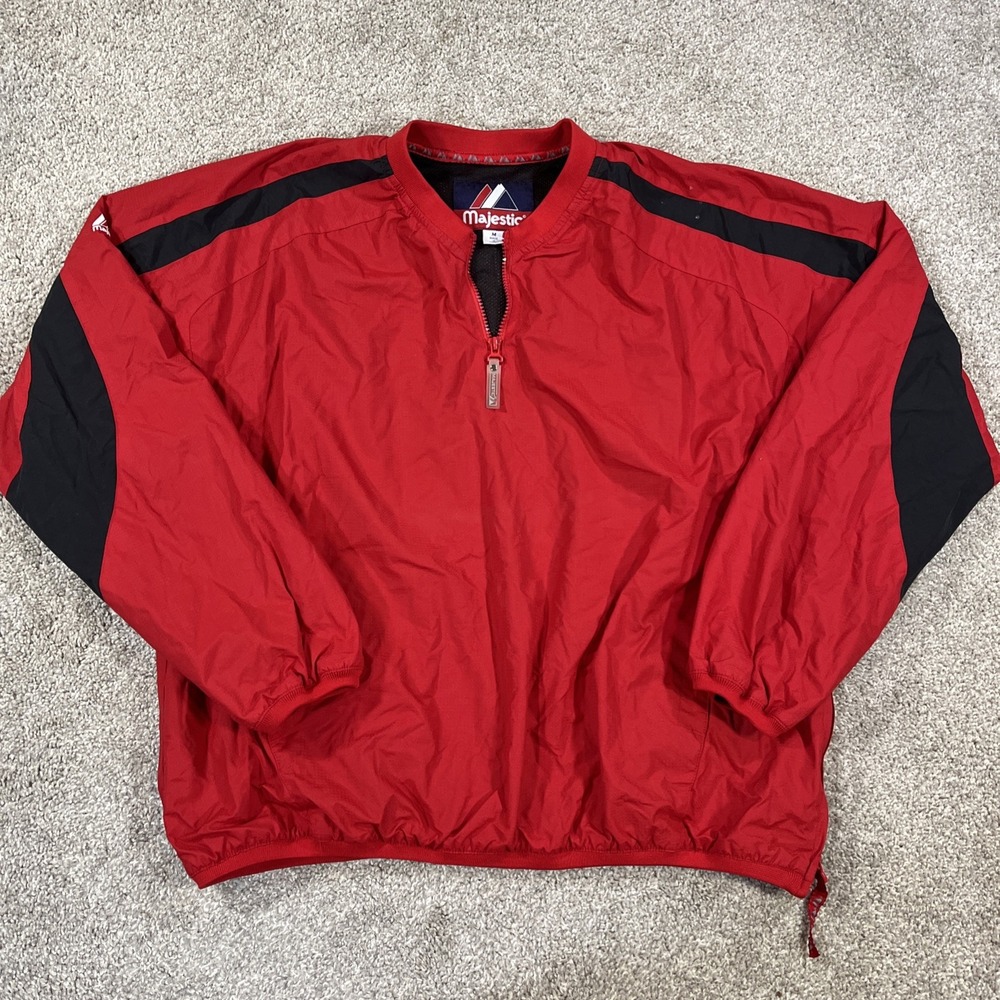 VTG Majestic Men's M Pullover Windbreaker Red Black 1/4 Zip Jacket Pockets‎
